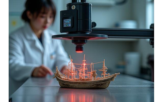 三次元スキャナーで小型漁船の精密なデジタルモデルを作成している技術者