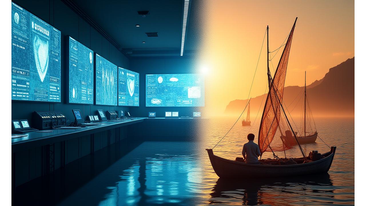 技術と知識の融合を示す最新の海洋技術と伝統的な漁船の対比